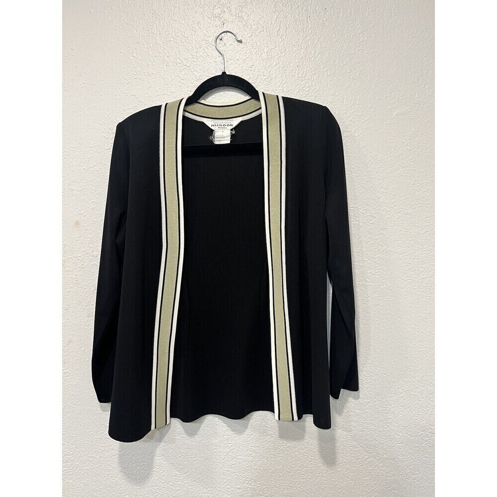 Exclusively Misook  Petite Size Small Long Open Cardigan Knit  Black Green Trim